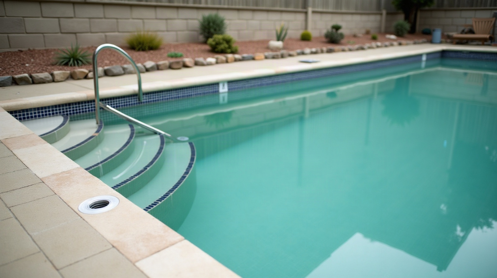 A residential swimming pool seen from the corner of the deck on an overcast day, showing still water, waterline tile, pale stone coping, a skimmer opening and a handrail. Nobody is present.