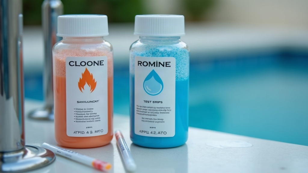 Bromine and chlorine sanitizer containers next to test strips used for hot tub water chemistry