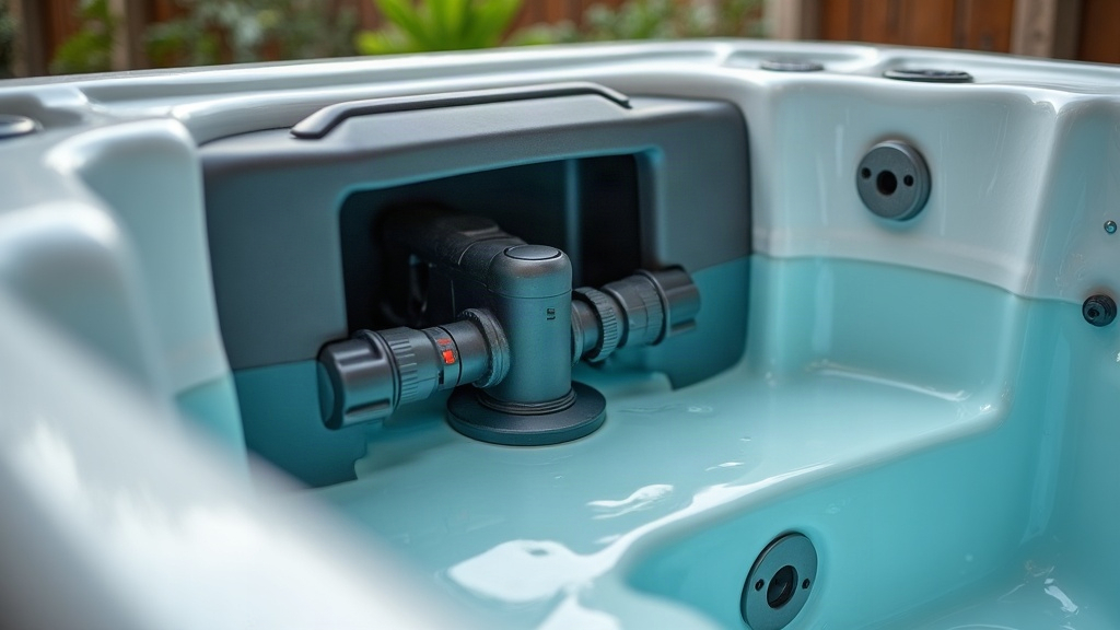 Hot tub equipment bay showing pump and heater components during a used hot tub inspection