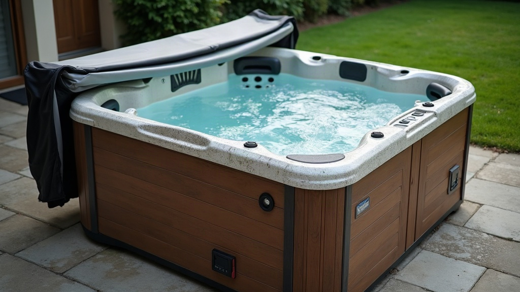 Used hot tub shell and cabinet being inspected before a purchase