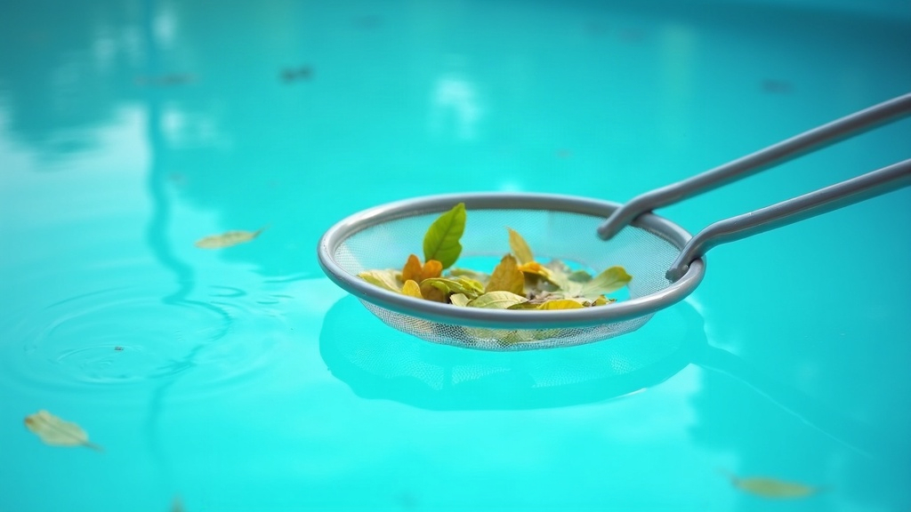 A leaf net skimming floating debris off a pool's surface before it can sink