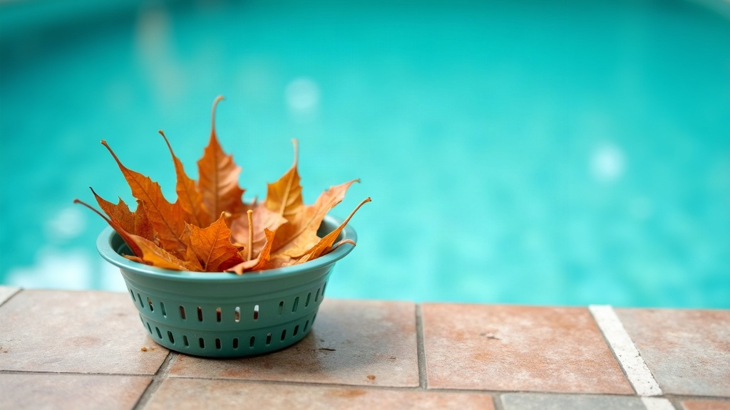 A pool skimmer basket full of leaves resting on the deck beside still pool water