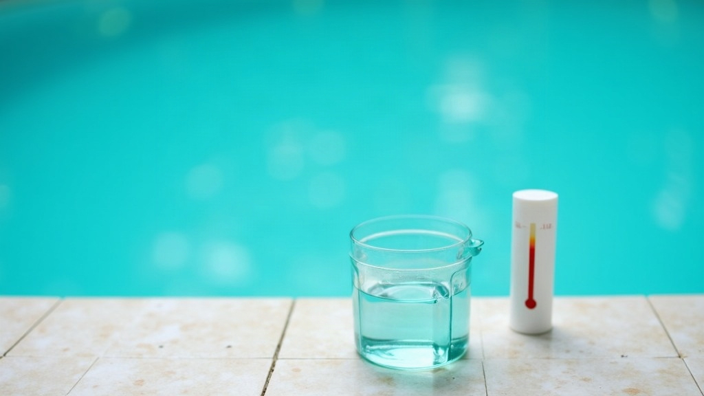 A liquid pool test kit beside a saltwater pool, used to check chlorine and pH levels