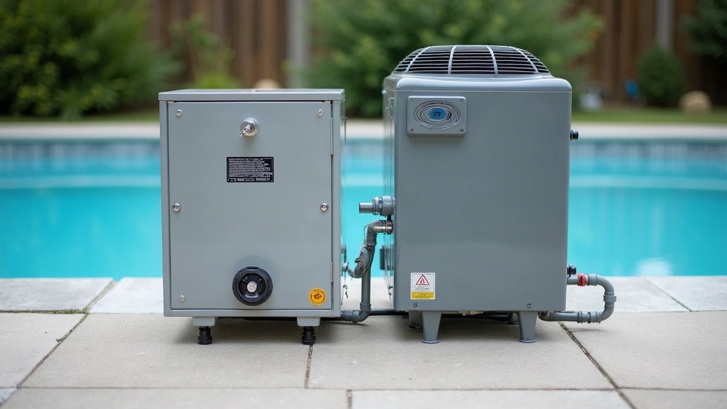 Gas heater and heat pump units installed side by side on a pool equipment pad