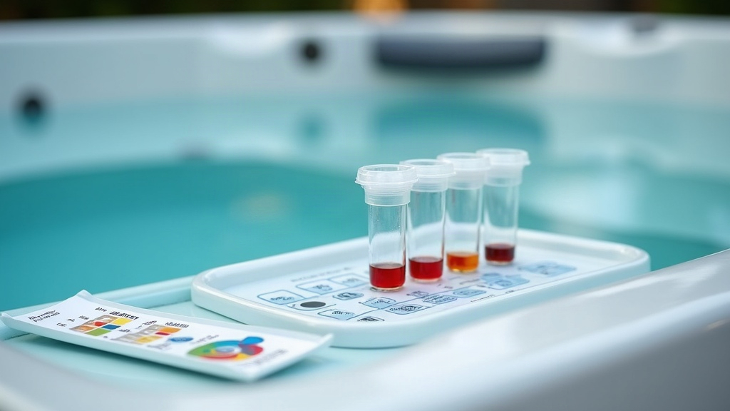 Test kit vials beside a hot tub used to check hot tub water chemistry readings