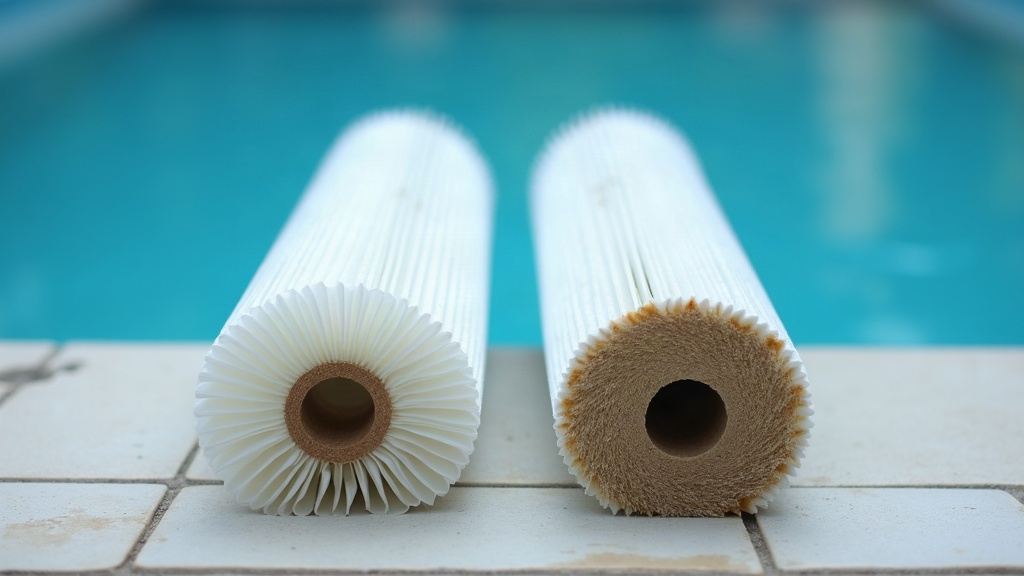Comparison of a clean filter cartridge and a worn filter cartridge showing how long filter cartridges last before replacement