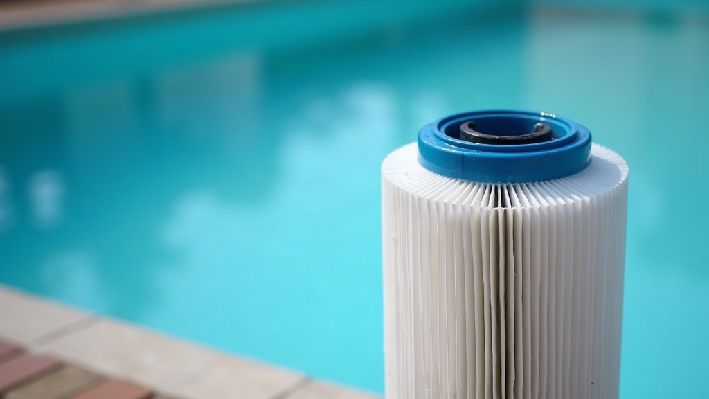 Pleated pool filter cartridge removed from its housing showing wear at the base