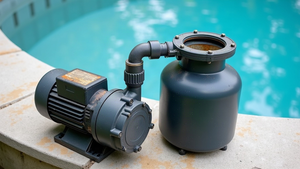 Worn pool pump and open filter tank illustrating how long pool pumps and filters typically last before service is needed