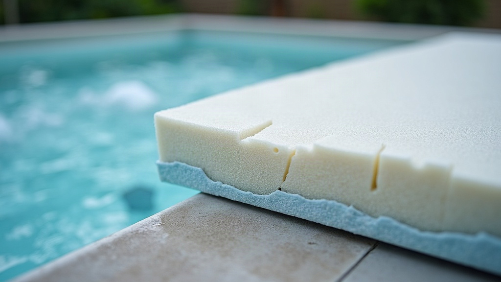 Close-up of a hot tub cover foam core exposed at a torn seam showing water damage