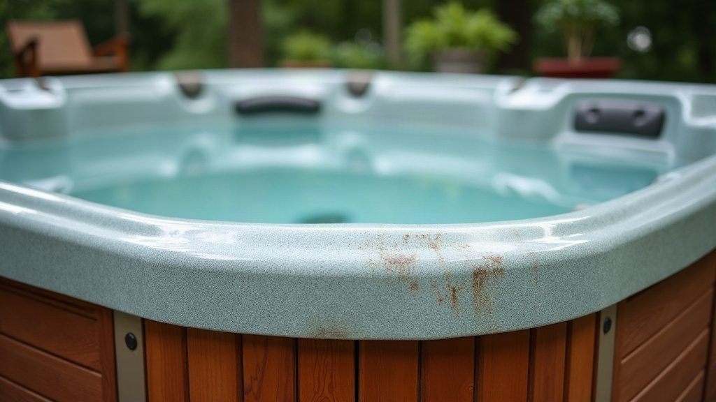 A worn hot tub cover sagging slightly on a spa, showing signs of age and wear