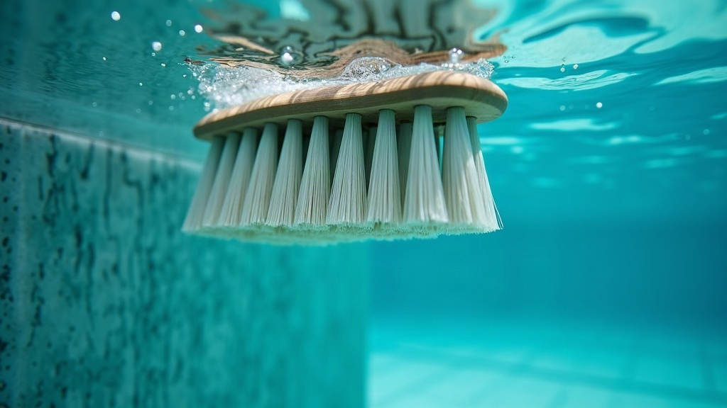 Close-up of a pool brush head against a pool wall showing the texture brushing needs to reach