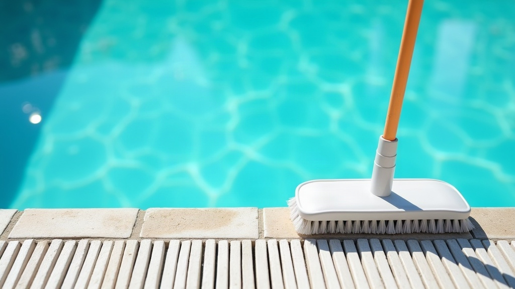 Pool brush and pole resting on the coping of a pool, illustrating how often a pool should be brushed