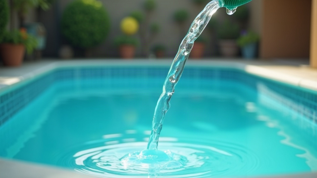 Garden hose refilling an empty pool shell, showing what a full pool water replacement looks like