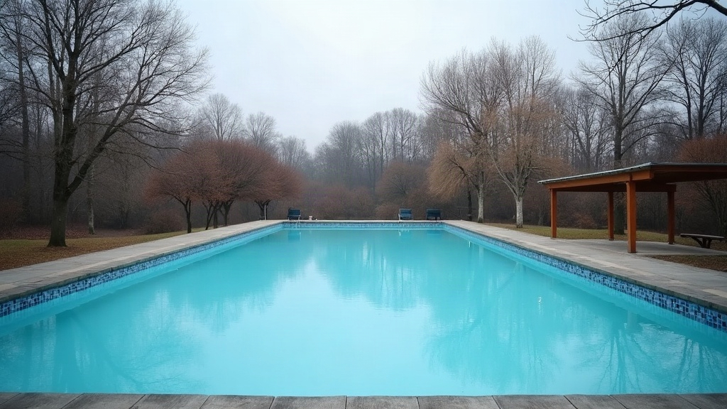 Outdoor pool in a short summer climate with a winter cover nearby under a cloudy sky