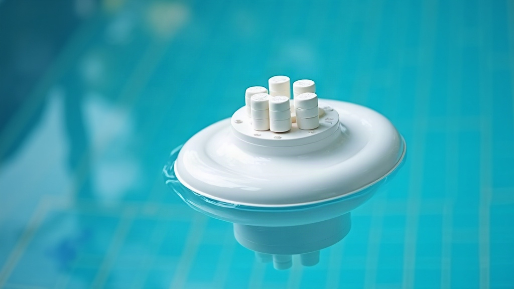 White chlorine tablets in a floating dispenser used to sanitise pool water