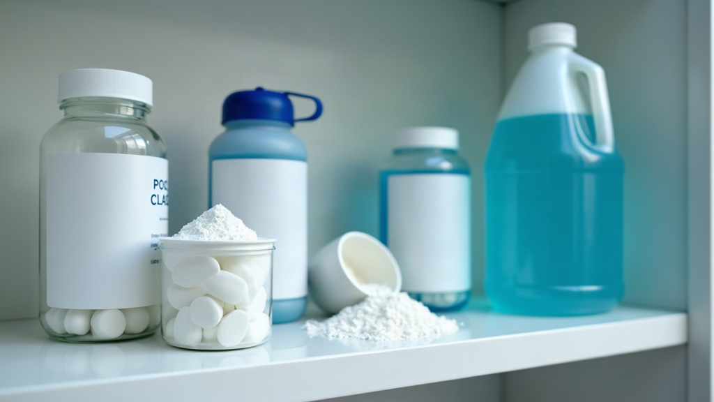 Chlorine tablets, granules and liquid chlorine stored separately near a swimming pool