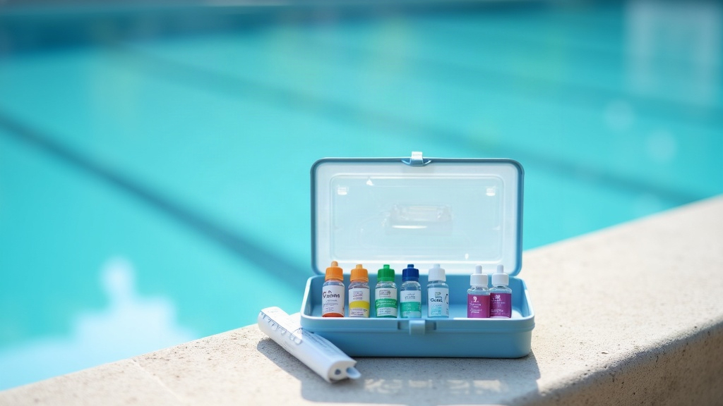 Open liquid test kit vials next to a pool test strip showing how the two testing methods compare