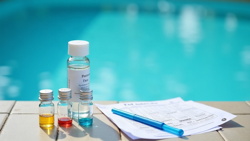 Pool test strips laid beside a liquid test kit with reagent vials used to compare pool water testing methods