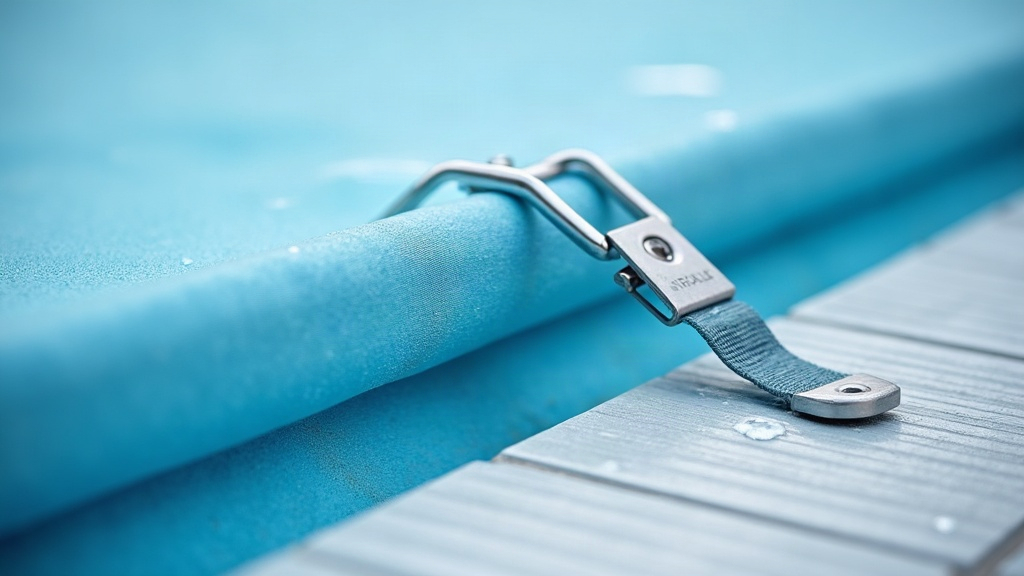 Anchor strap detail comparing safety cover versus winter cover attachment points on a pool deck
