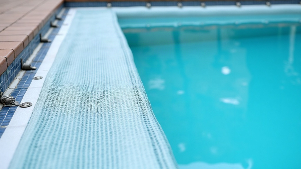 Safety cover versus winter cover shown by a taut mesh cover anchored around a pool edge