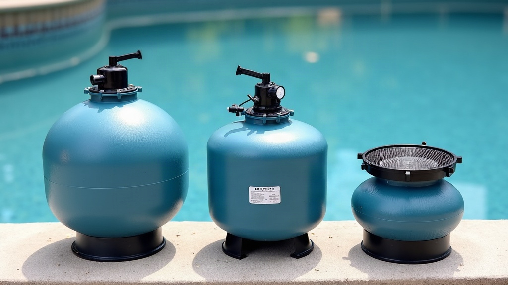 Sand, cartridge and DE filter housings compared side by side on a pool equipment pad