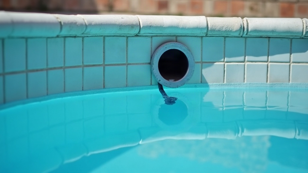 Pool skimmer with water lowered below it as part of preparing a pool for winter without fully draining