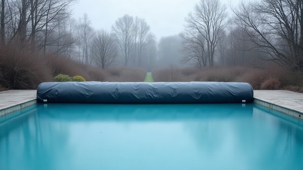 Outdoor pool partly covered for winter showing the water level kept below the tile line