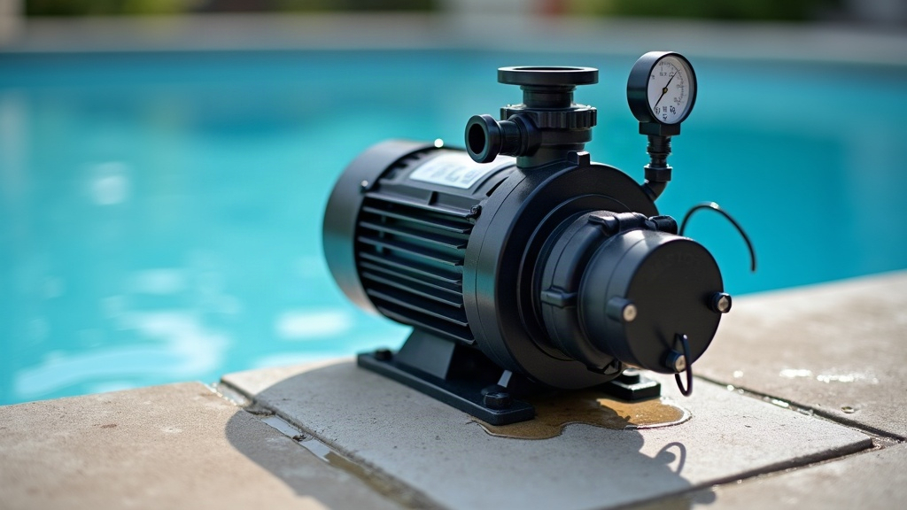 Pool pump housing on an equipment pad showing pipe fittings and a pressure gauge, illustrating signs a pool pump is failing