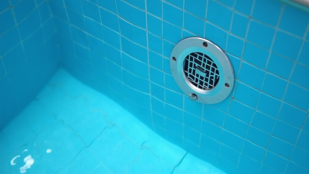 Pool skimmer opening at the waterline above a main drain visible on the pool floor, showing the difference between a skimmer and a main drain