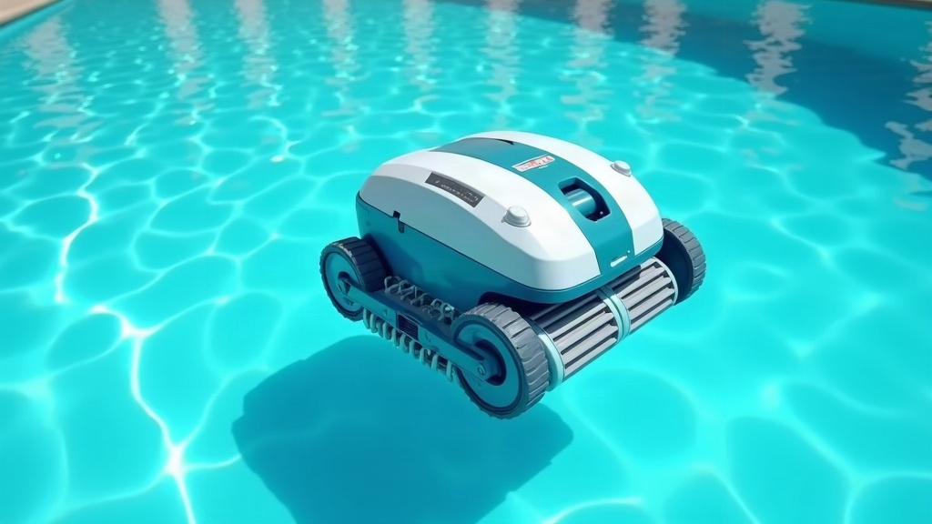 A robotic pool cleaner on the floor of a swimming pool, illustrating how this cleaner type works independently of the pump system