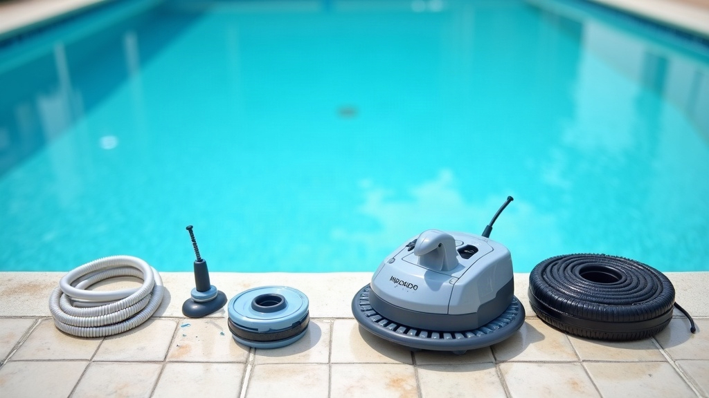 Suction, pressure and robotic pool cleaners arranged on a pool deck showing the difference in how each type connects and operates