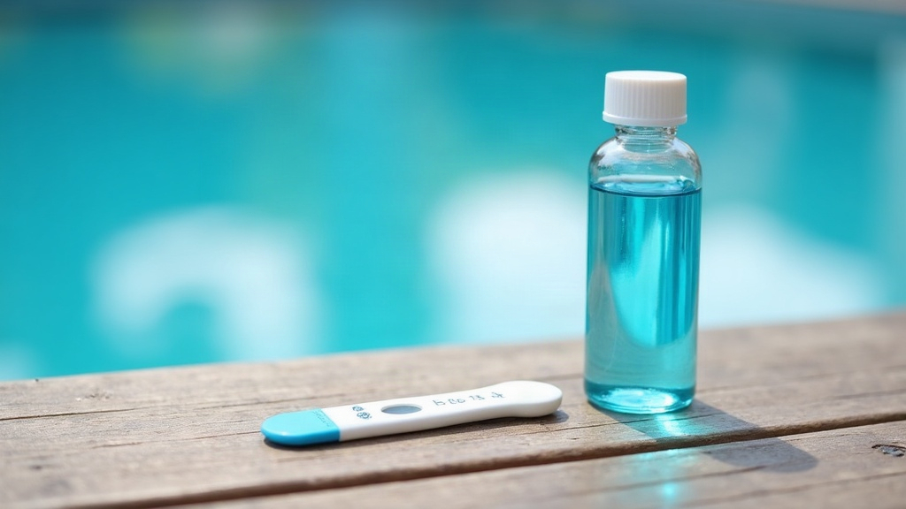 Test strip and reagent bottle used to measure total alkalinity and pH in swimming pool water