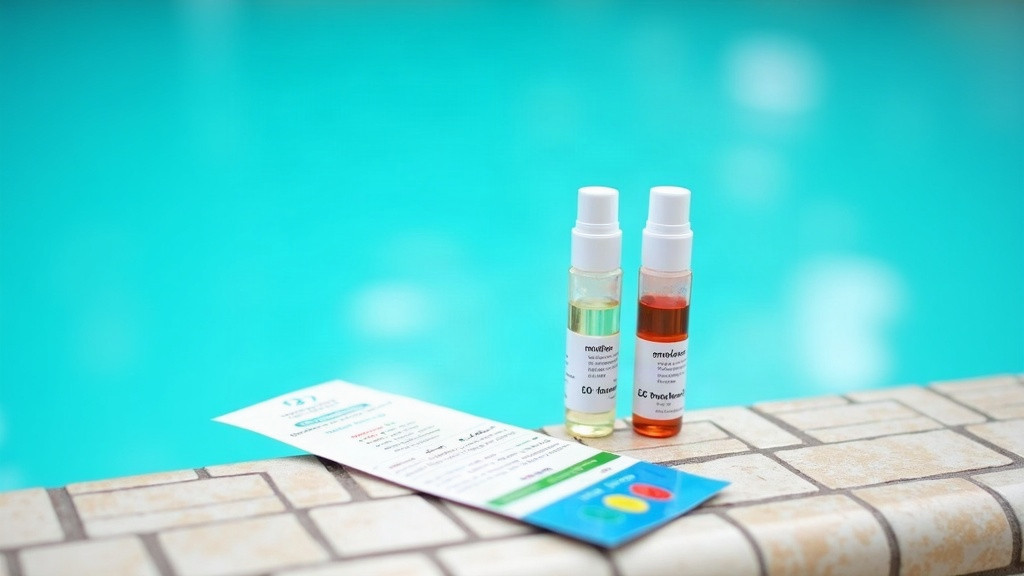 Pool water test kit vials used to check total alkalinity and pH near the tiled edge of a swimming pool