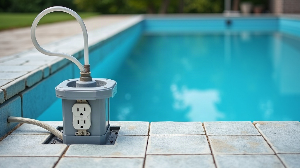 Pool equipment pad with conduit and a weatherproof outlet showing electrical hazards around a pool