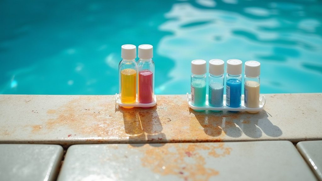 Rust-colored stain on pool plaster next to a water test kit used to check for metals and water balance