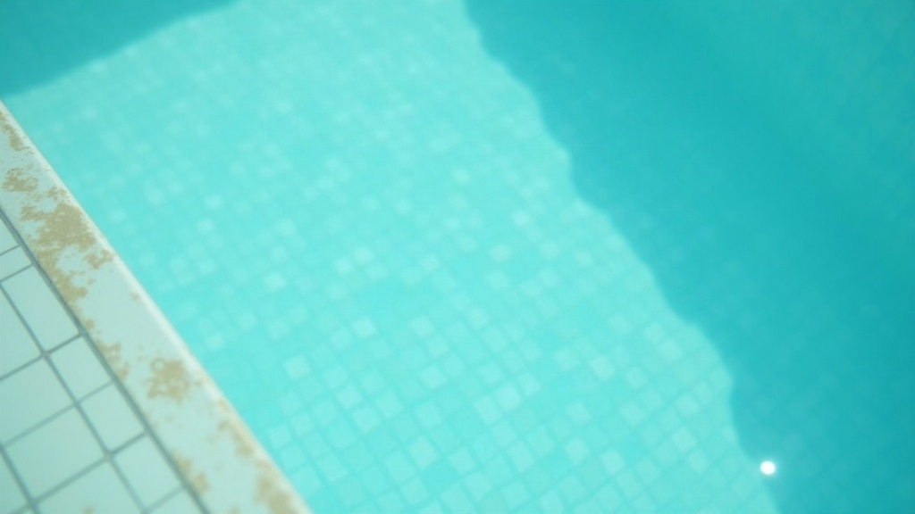 Brownish stain along a pool waterline where discoloration builds up on the tile and plaster