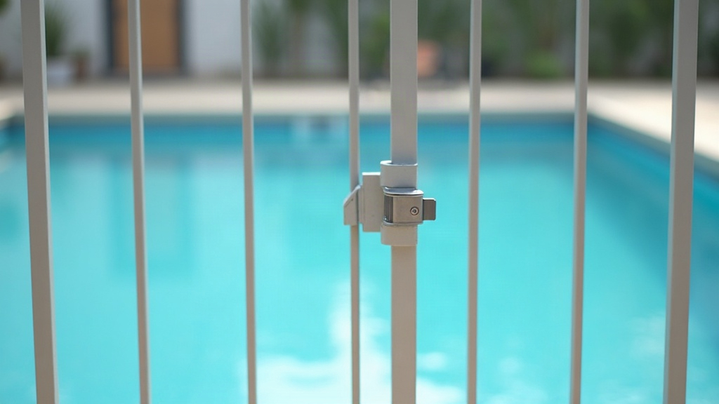 Pool barrier fence with self-closing gate meeting typical pool fence code height requirements