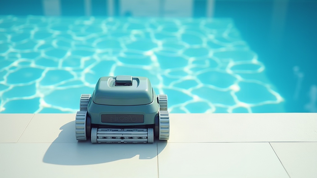 Robotic pool cleaner sitting on the floor of a swimming pool between cleaning cycles