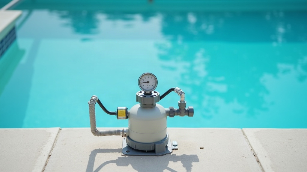 Pool filter with pressure gauge on top of the tank at an outdoor equipment pad