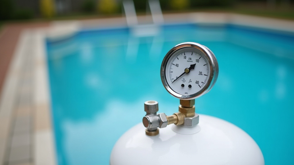 Pressure gauge mounted on a pool filter housing showing a mid-range reading