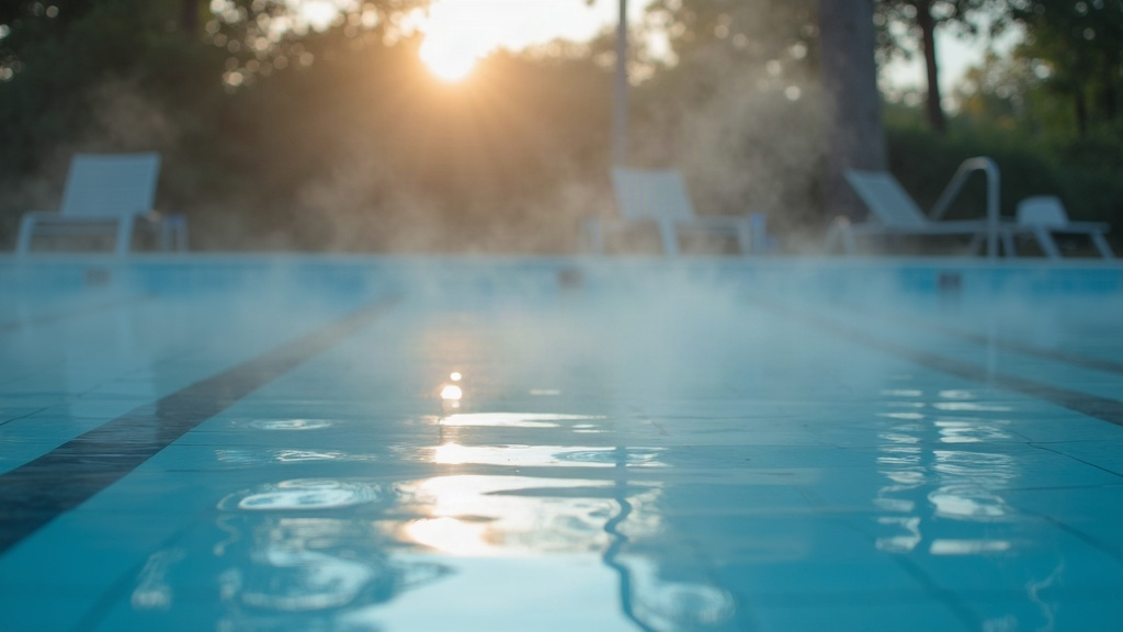 Steam rising off heated pool water, showing the heat loss a pool heater has to keep replacing