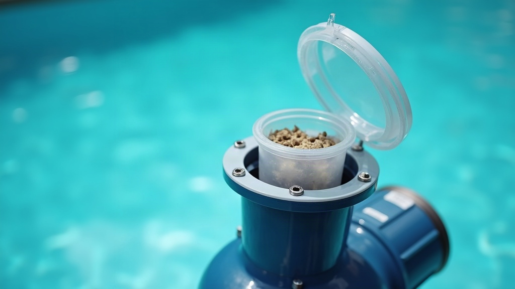 Open strainer basket on a pool pump showing debris collected before water reaches the filter