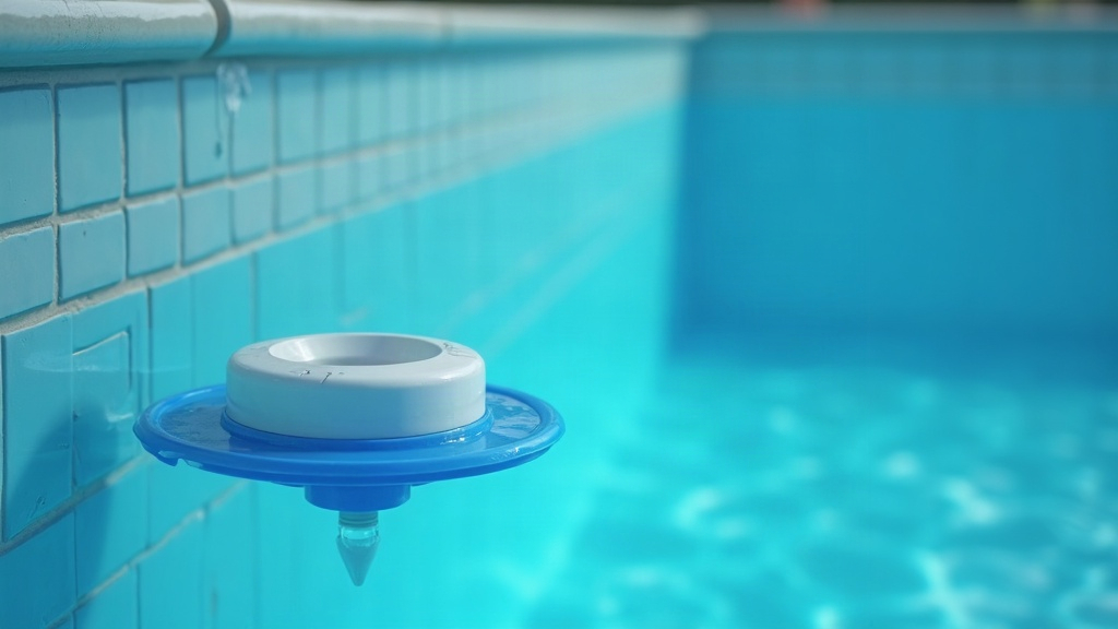 Chlorine feeder floating in pool water where chlorine works to disinfect and oxidize waste