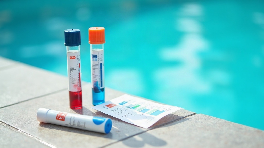 Pool water testing kit beside still water showing how chlorine levels in a pool are checked