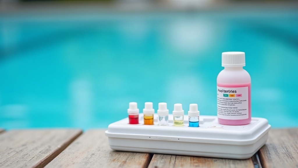 Pool water test kit used during weekly pool maintenance to check chlorine and pH
