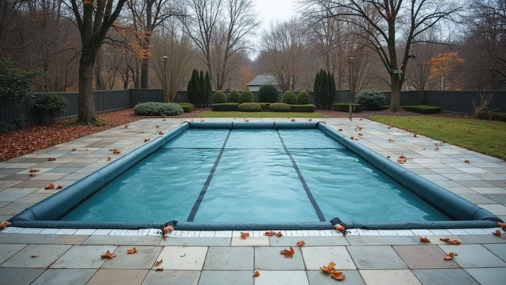 Winter cover stretched over an outdoor pool during pool winterising season