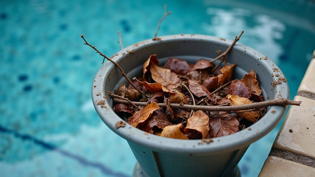 A skimmer basket full of decaying leaves from an uncovered winter pool