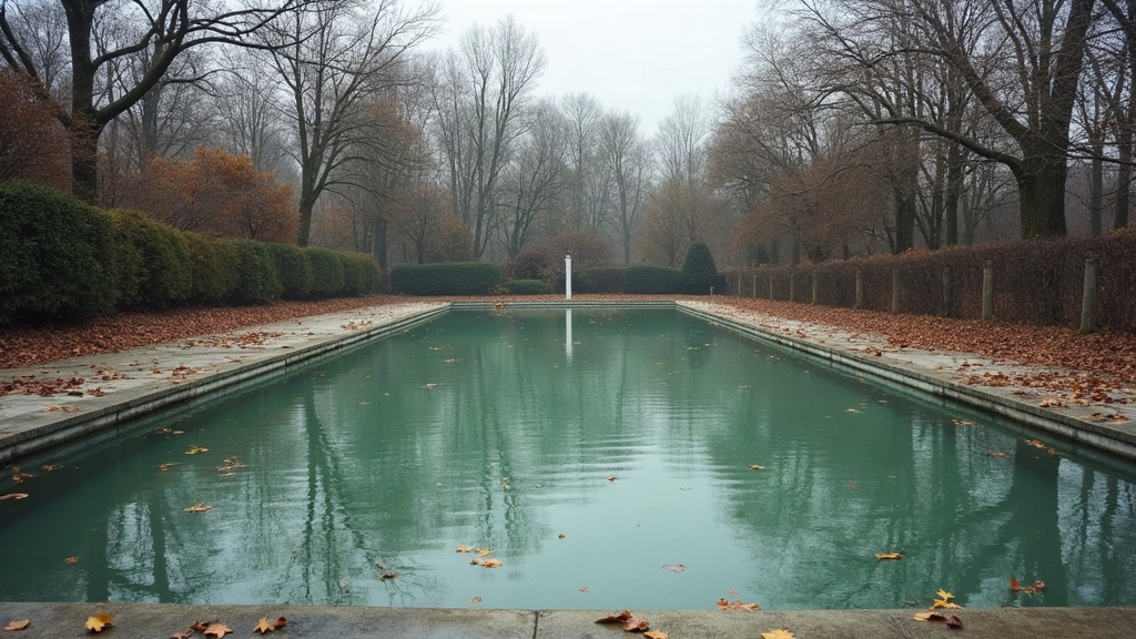 An uncovered winter pool with leaves and debris floating on the water surface