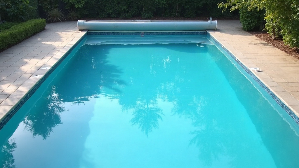 Outdoor pool with winter cover partially removed during a seasonal pool opening