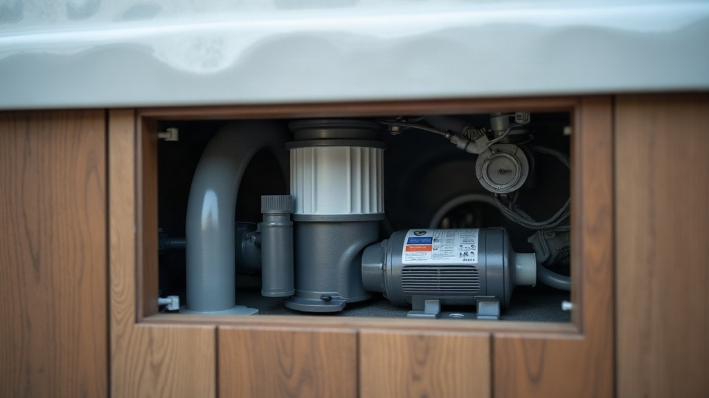 Hot tub filtration cycle equipment including pump and pipework under the cabinet